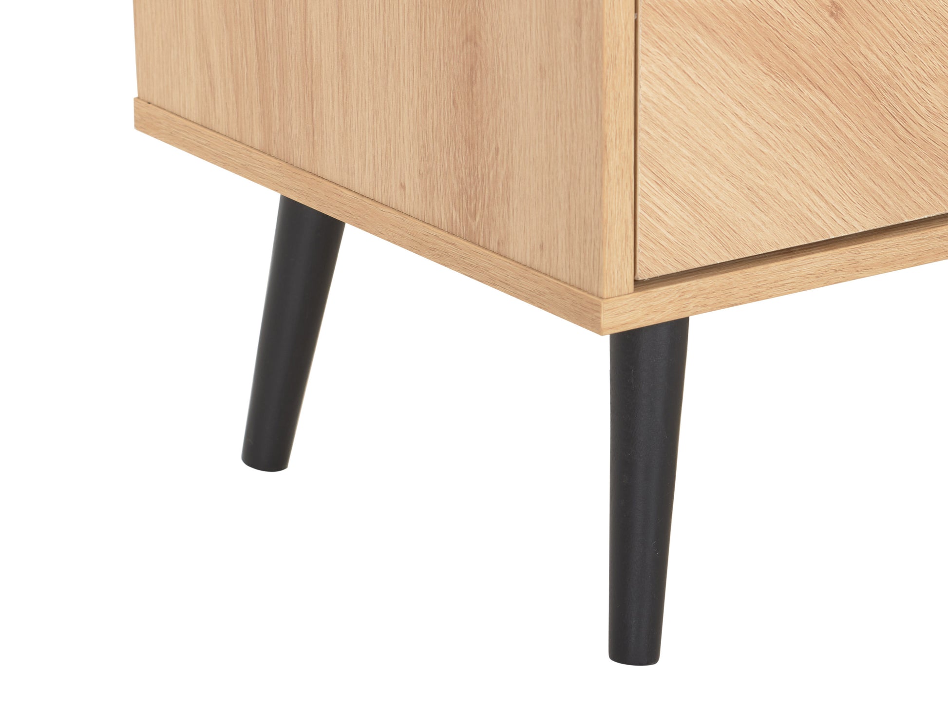 Modern wooden sideboard buffet with natural oak finish, featuring three cabinet doors with sleek black metal handles and minimalist design, perfect for contemporary living spaces.