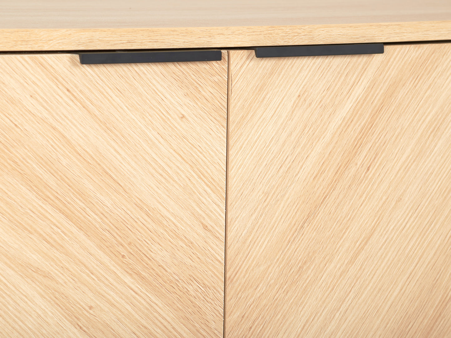 Modern sideboard buffet with a sleek black finish, featuring gold accents, four cabinet doors with geometric patterns, and a spacious top surface for decor or storage.