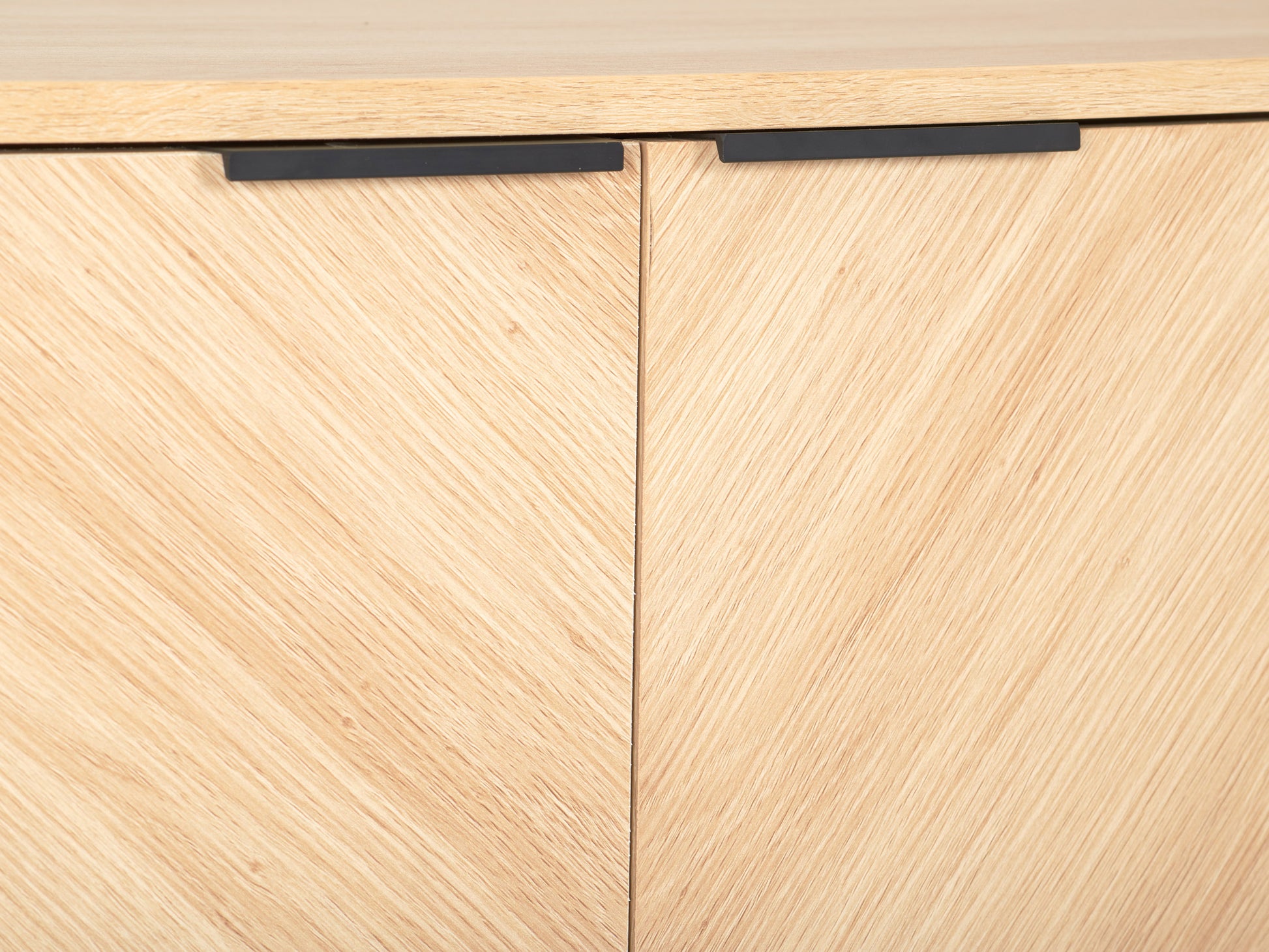 Modern sideboard buffet with a sleek black finish, featuring gold accents, four cabinet doors with geometric patterns, and a spacious top surface for decor or storage.