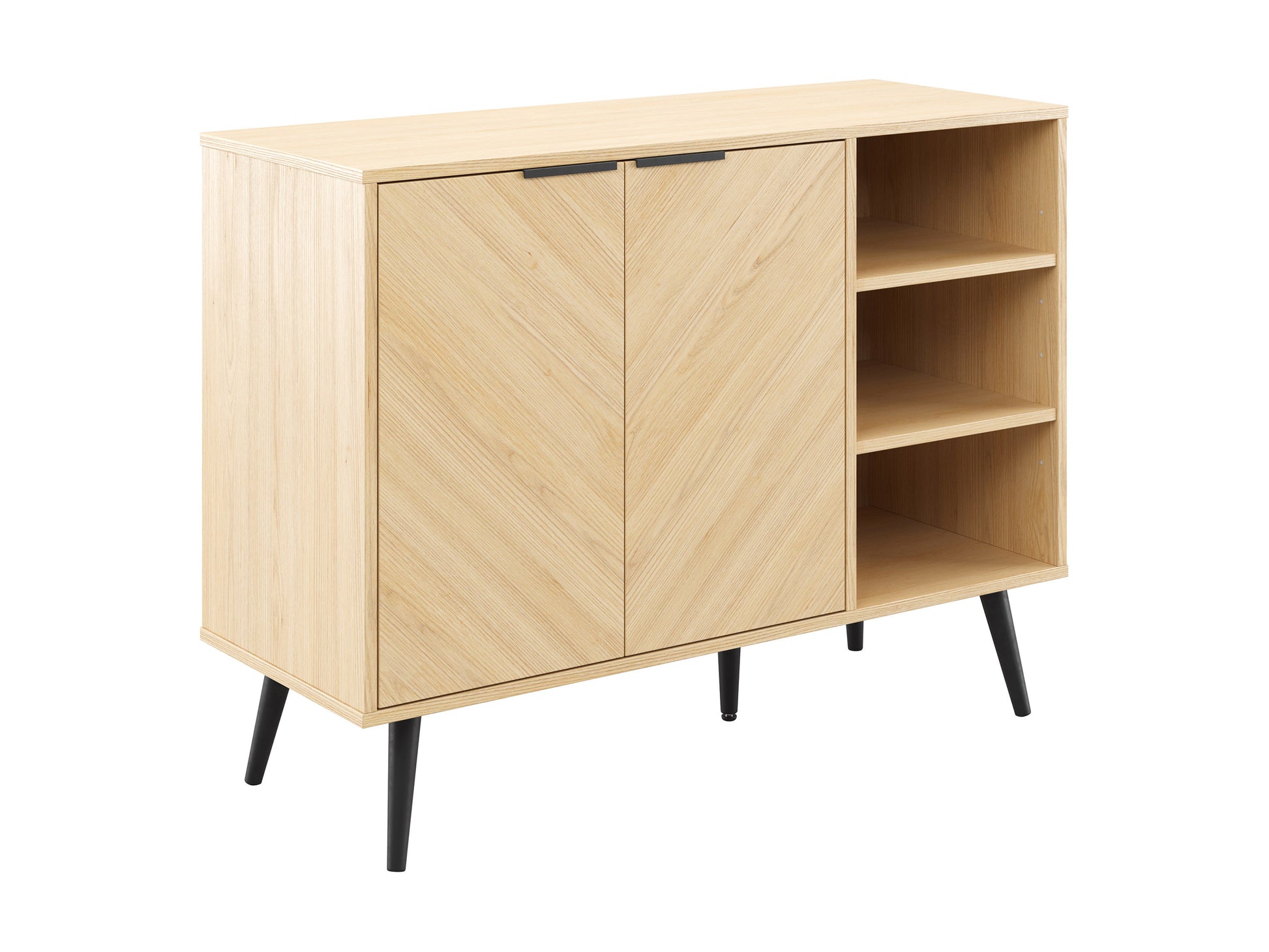 Modern wooden sideboard buffet with three white drawers, two natural wood doors, and sleek metal handles, set on tapered wooden legs. Ideal for stylish storage in contemporary living or dining rooms.