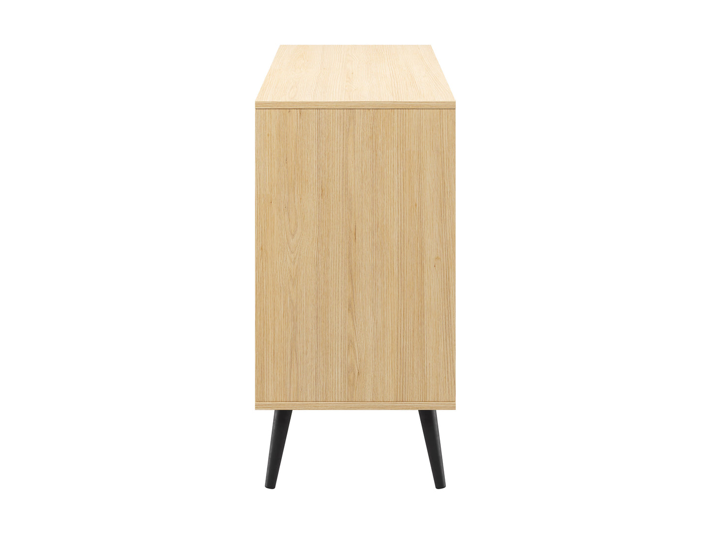 Modern sideboard buffet with sleek white finish, natural wood accents, and black metal legs. Features three drawers and two cabinets with minimalist handles, ideal for contemporary living or dining rooms.