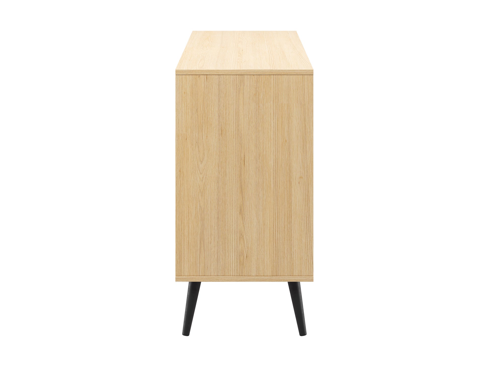 Modern sideboard buffet with sleek white finish, natural wood accents, and black metal legs. Features three drawers and two cabinets with minimalist handles, ideal for contemporary living or dining rooms.