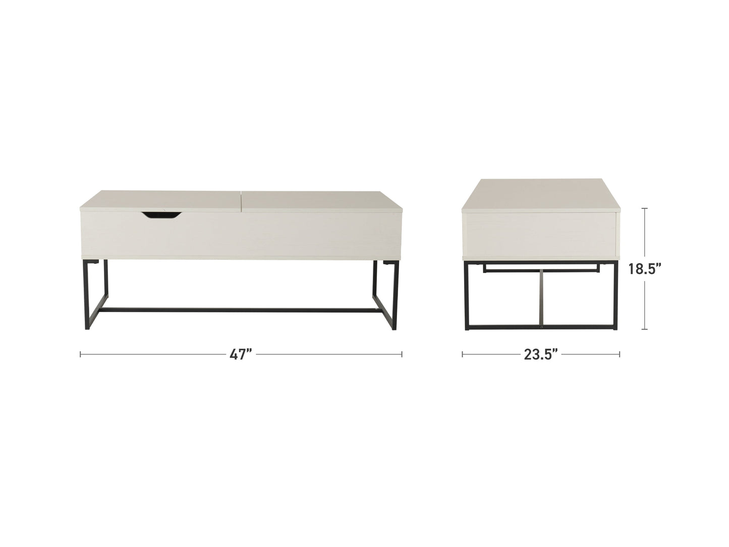 White lift top coffee table with a sleek modern design, featuring a glossy white finish, sturdy metal legs, and a hidden storage compartment underneath the liftable tabletop.