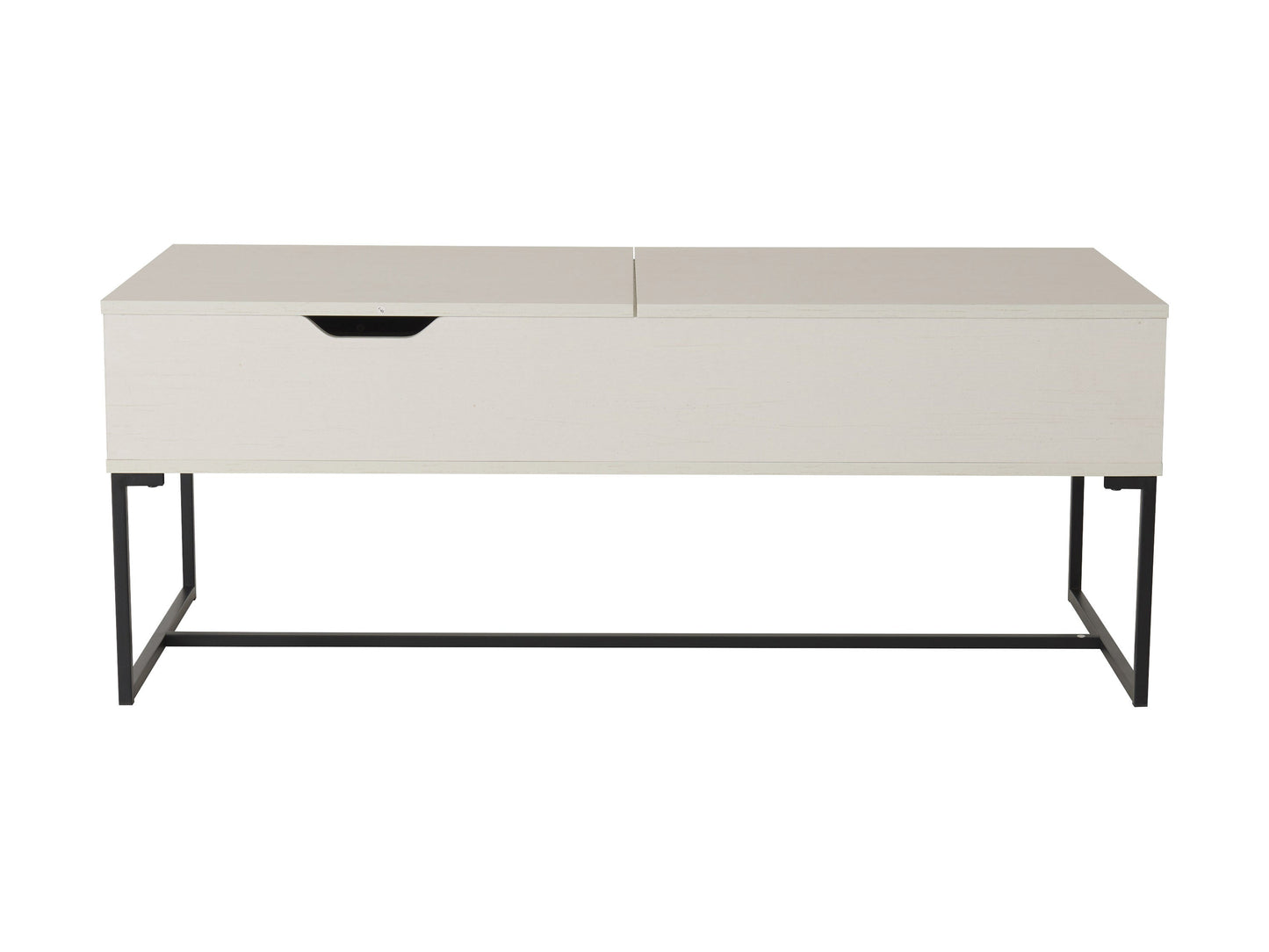 White lift top coffee table with hidden storage, modern design, rectangular shape, and sleek metal legs.