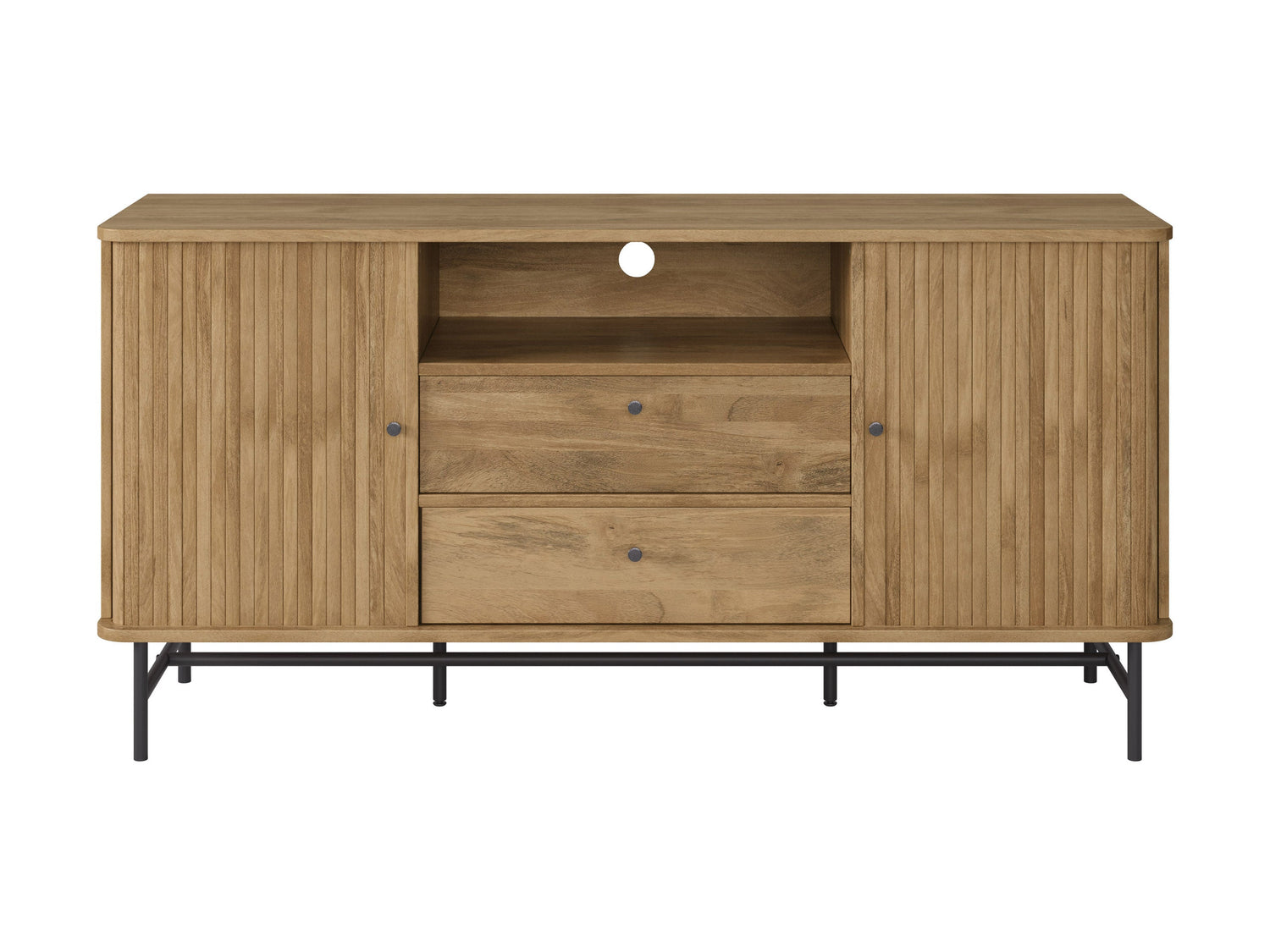 Elegant curved sideboard buffet in dark walnut wood with sleek brass handles, featuring three spacious drawers and two cabinets with intricate herringbone pattern, ideal for modern dining rooms or living spaces.