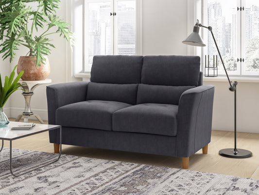 Modern two-seater loveseat in light grey fabric with wooden legs and tufted backrest, featuring a minimalist design and cozy seating perfect for small living rooms or apartments.