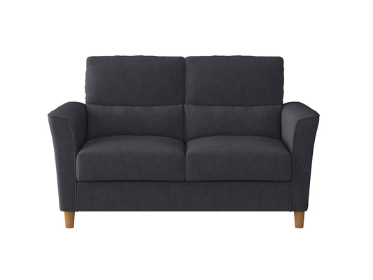 Gray 2-seater loveseat with tufted backrest, wooden legs, and soft fabric upholstery, perfect for modern living rooms.