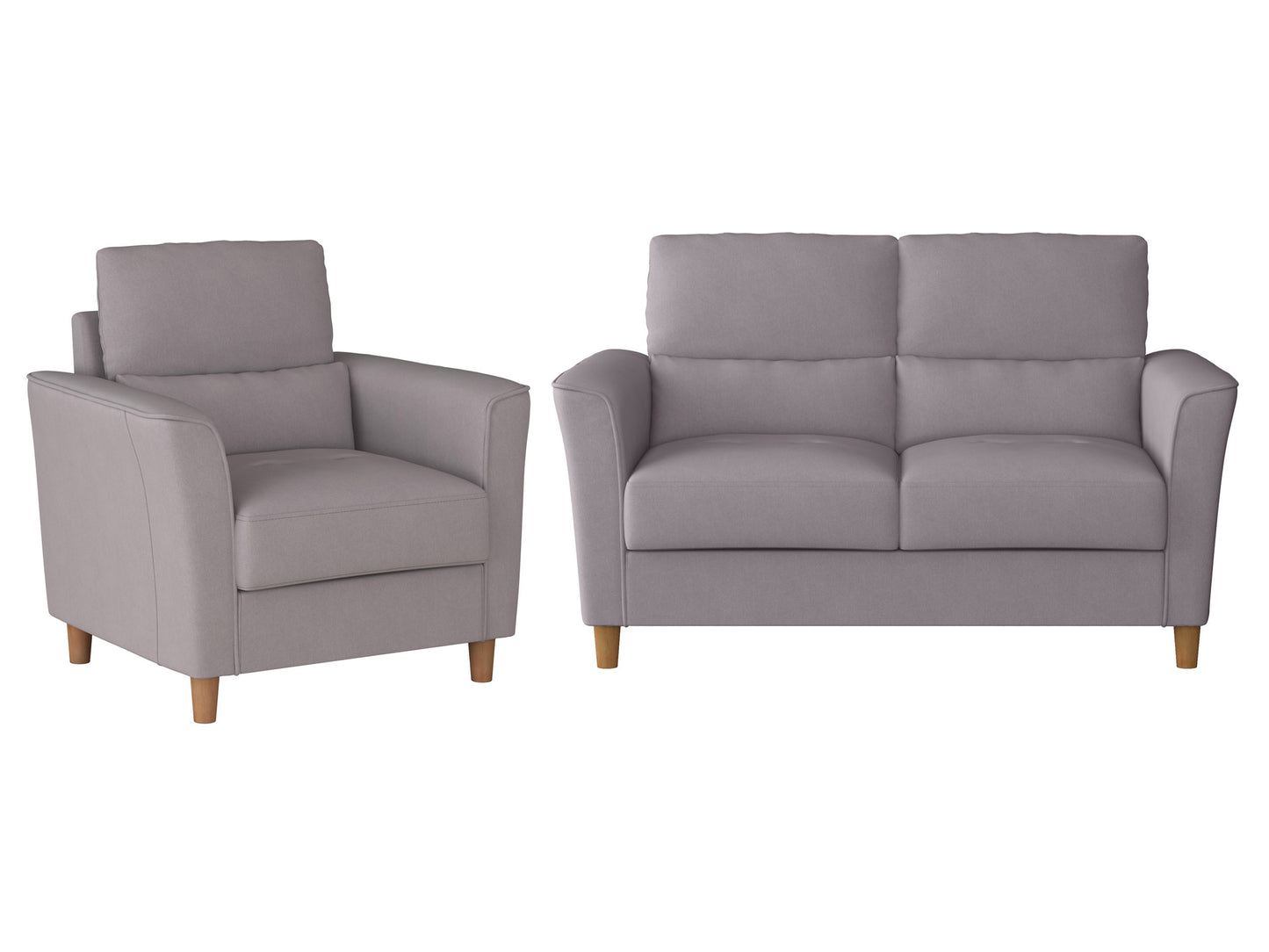 Modern 2-seater loveseat and chair set in light gray fabric with wooden legs, featuring tufted cushions and a minimalist design perfect for contemporary living rooms.