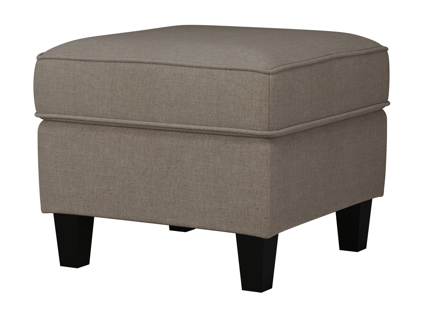 Gray fabric ottoman with wooden legs, tufted top, and storage compartment. Ideal for living rooms, bedrooms, and offices. Durable upholstery and sleek design offer both functionality and style.