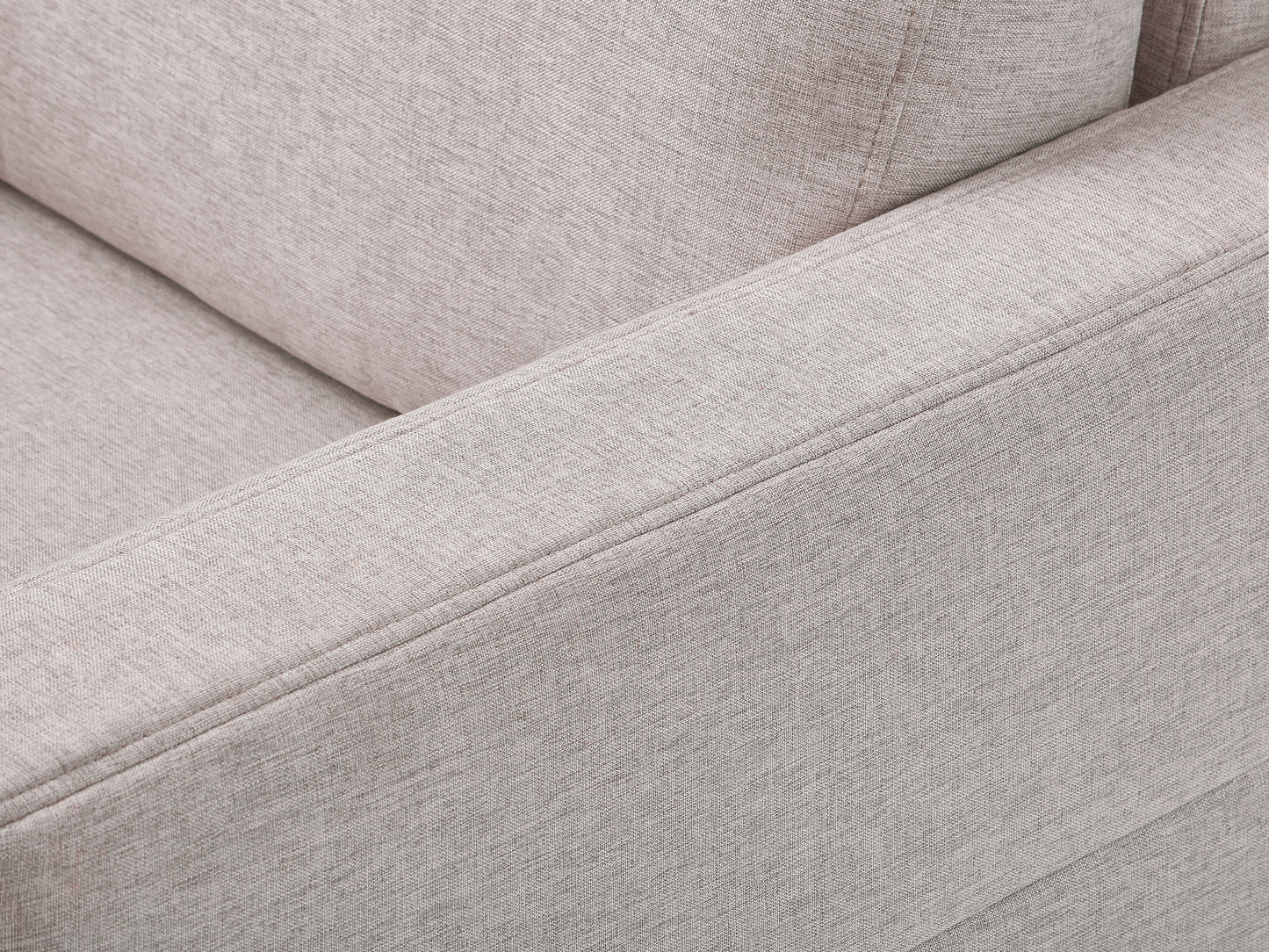 Modern arm chair with sleek wooden frame, upholstered in soft beige fabric, featuring clean lines, padded armrests, and a minimalist design perfect for contemporary living spaces.