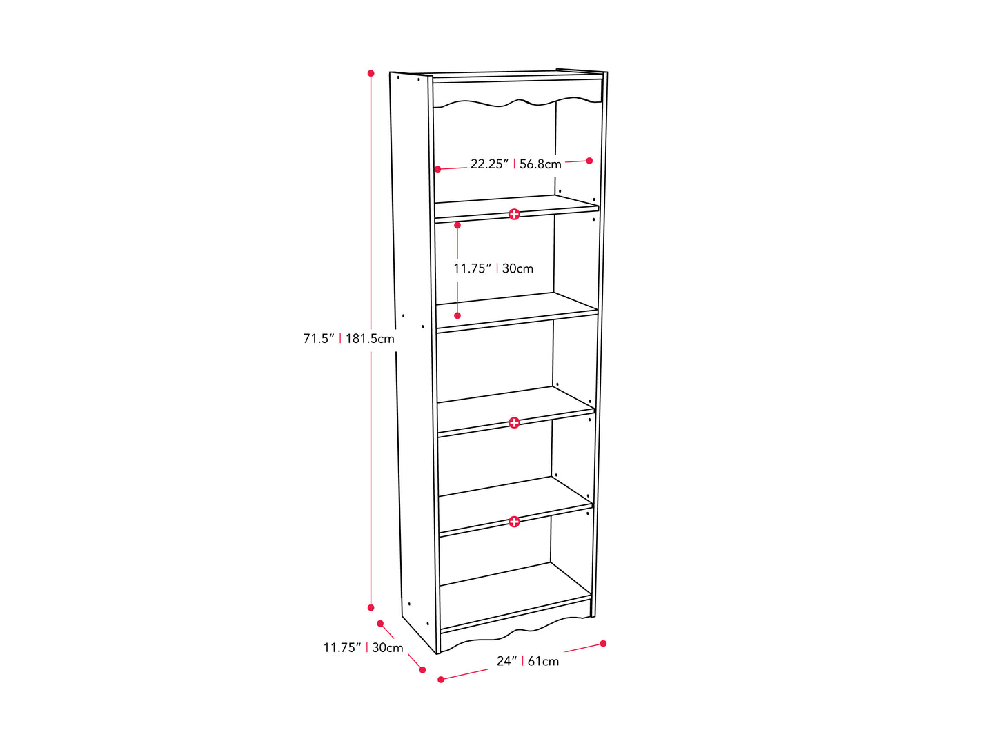 Tall white bookcase with five open shelves, 72 inches high, modern design, sturdy wooden construction, smooth finish, ideal for living room or office, perfect for organizing books and decor.