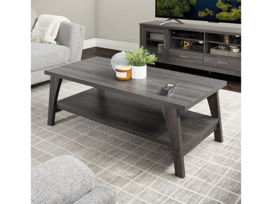 Two tier coffee table with a sleek black metal frame, rustic wood shelves, and a modern industrial design, perfect for living rooms. The top shelf holds decorative items, while the lower shelf offers additional storage space.
