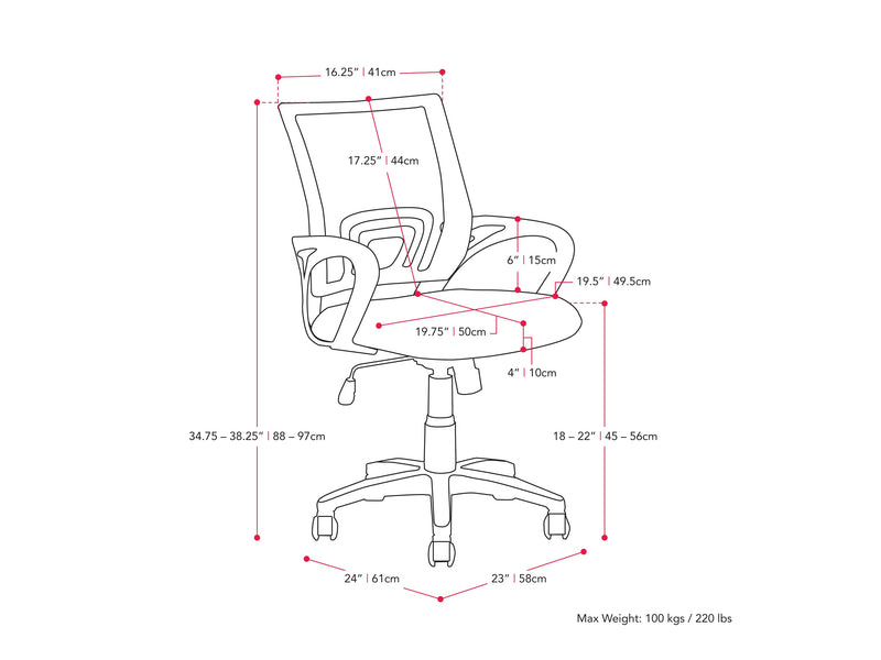 orange Mesh Back Office Chair Jaxon Collection measurements diagram by CorLiving