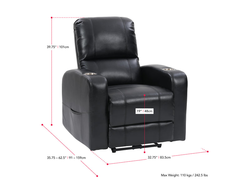 black Power Recliner with Cup Holder Ophelia Collection measurements diagram by CorLiving