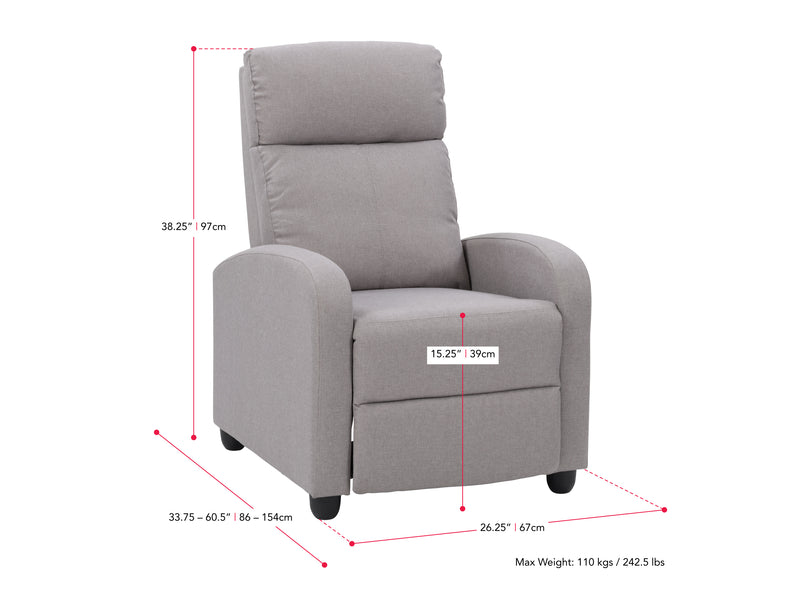 light grey Push Back Recliner Ophelia Collection measurements diagram by CorLiving