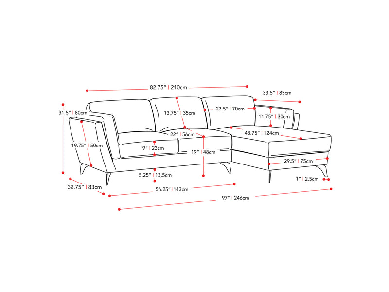 light grey L Shaped Sofa, Right Facing Lansing Collection measurements diagram by CorLiving