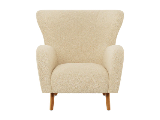 Modern boucle wing accent chair in cream with wooden legs, featuring a high back, winged sides, and plush textured upholstery. Ideal for living rooms or reading nooks, combining comfort and contemporary style.