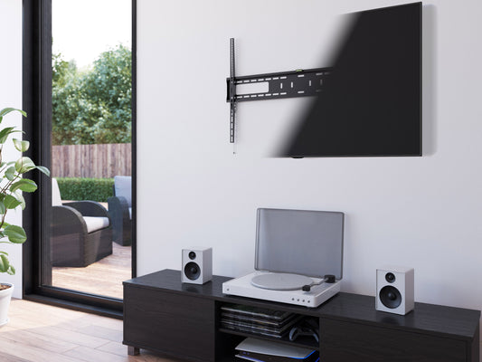Alt Tag: 
"Black fixed wall mount for large TVs up to 100 inches, sturdy metal construction with adjustable brackets and secure locking mechanism for optimal viewing angles."