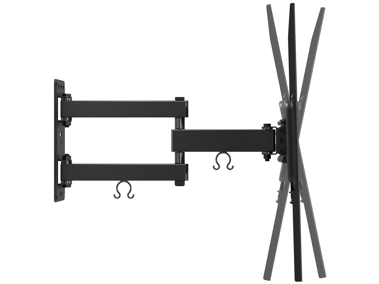 Full motion TV wall mount for up to 70-inch TVs, black metal with adjustable arms, tilts, swivels, and extends for optimal viewing angles, compatible with most flat-screen TVs, easy installation.