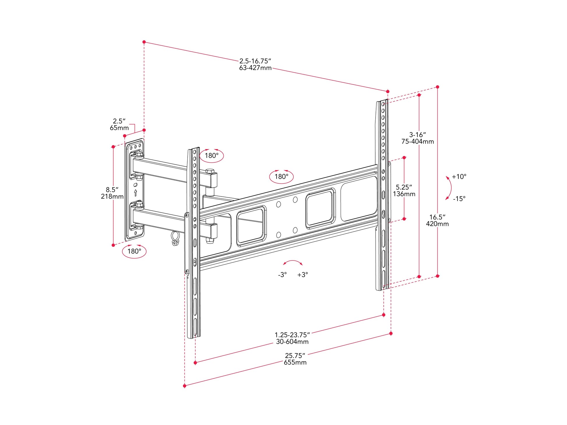 Full motion TV wall mount for up to 70-inch TVs, black metal with adjustable arms, tilts, swivels, and extends for optimal viewing angles, compatible with most flat-screen TVs, easy installation.