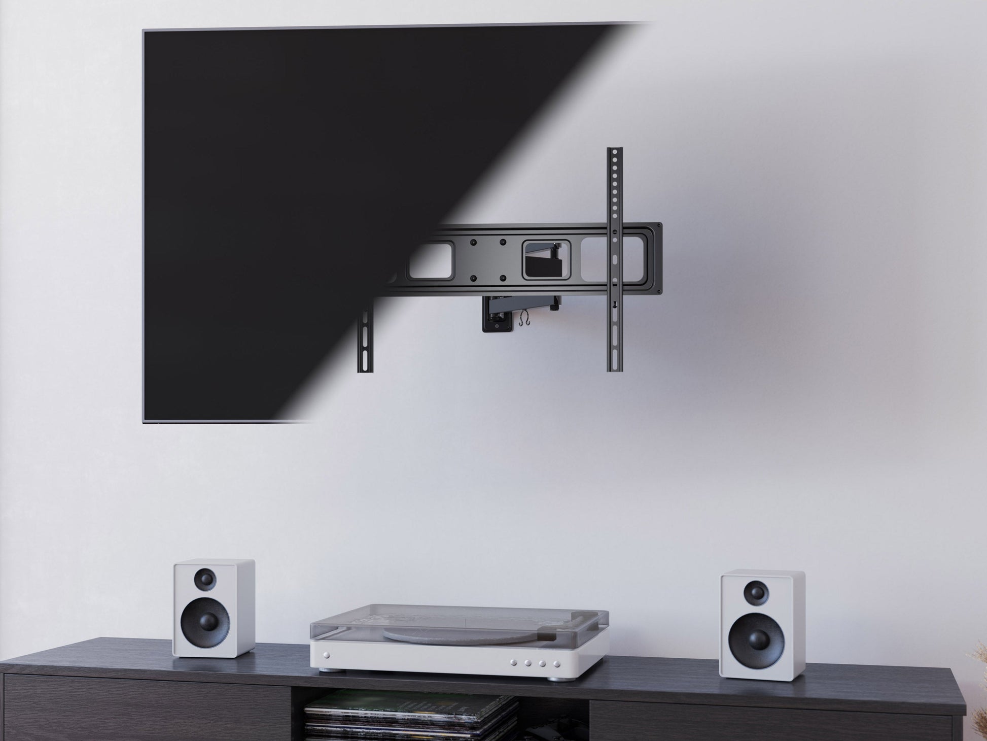 Full motion TV wall mount for up to 70-inch TVs, black metal with adjustable arms, tilts, swivels, and extends for optimal viewing angles, compatible with most flat-screen TVs, easy installation.