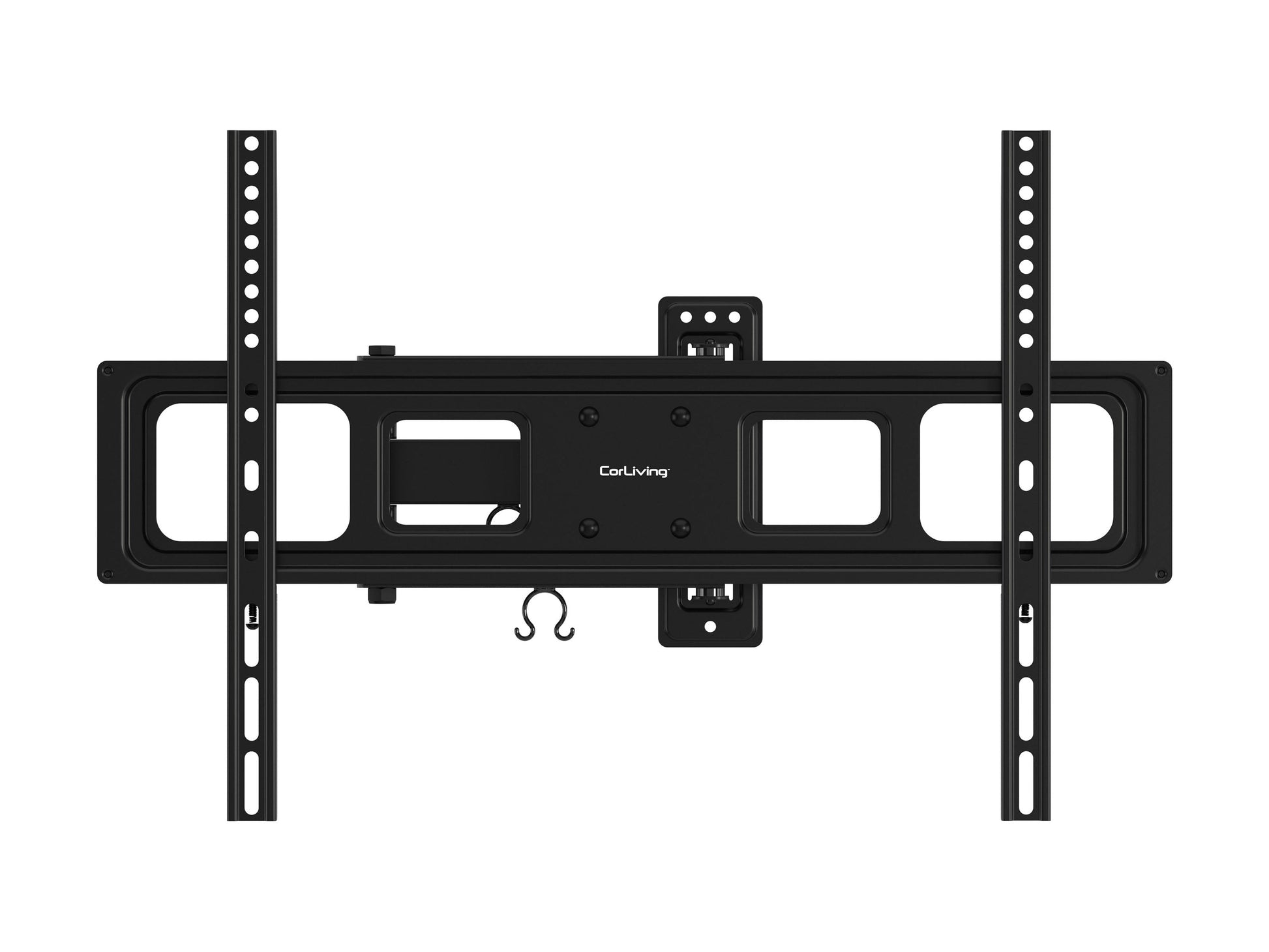 Full motion TV wall mount for up to 70-inch TVs, black metal with adjustable arms, tilts, swivels, and extends for optimal viewing angles, compatible with most flat-screen TVs, easy installation.