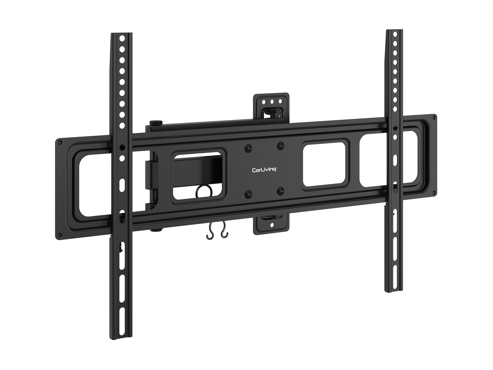 Full motion TV wall mount for up to 70-inch TVs, black metal with adjustable arms, tilts, swivels, and extends for optimal viewing angles, compatible with most flat-screen TVs, easy installation.