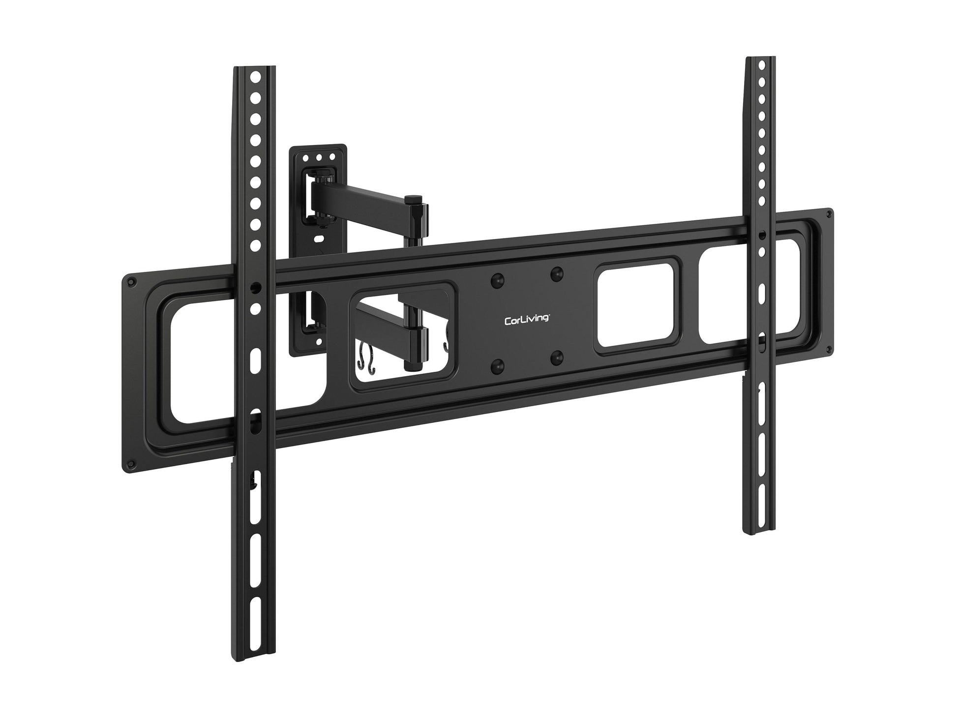 Full motion TV wall mount for up to 70-inch TVs, black metal with adjustable arms, tilts, swivels, and extends for optimal viewing angles, compatible with most flat-screen TVs, easy installation.