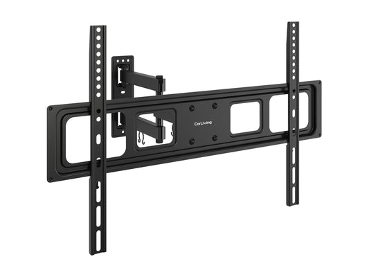 Full motion TV wall mount for up to 70-inch TVs, black metal with adjustable arms, tilts, swivels, and extends for optimal viewing angles, compatible with most flat-screen TVs, easy installation.