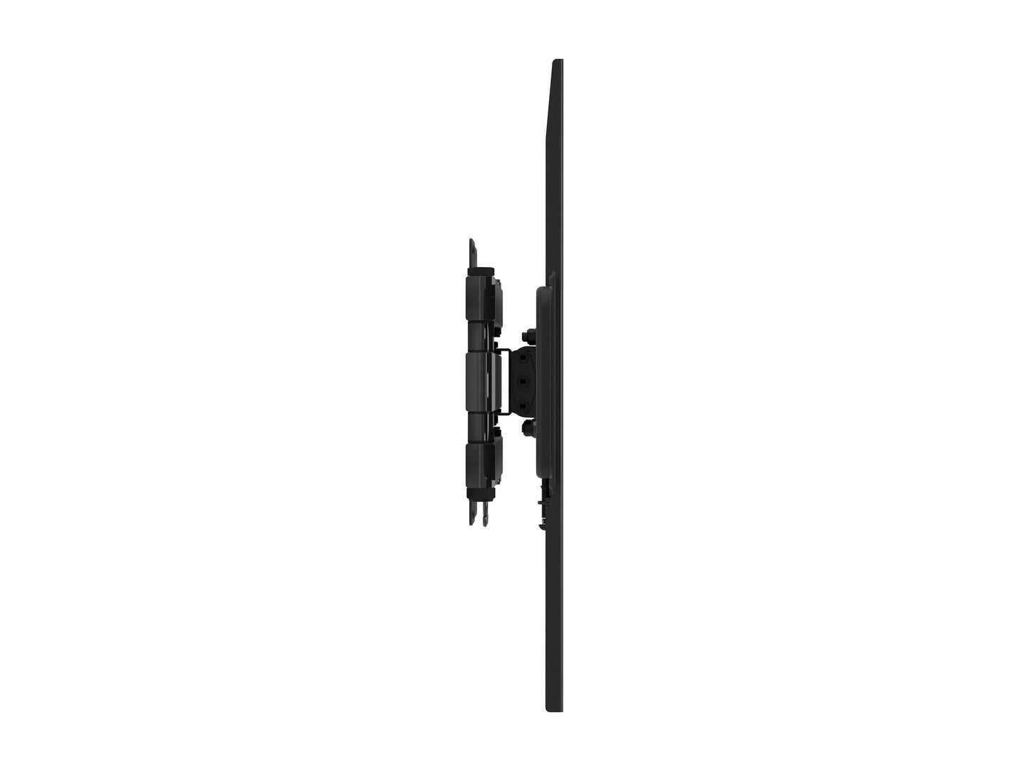 Full motion TV wall mount for up to 70-inch TVs, black metal with adjustable arms, tilts, swivels, and extends for optimal viewing angles, compatible with most flat-screen TVs, easy installation.