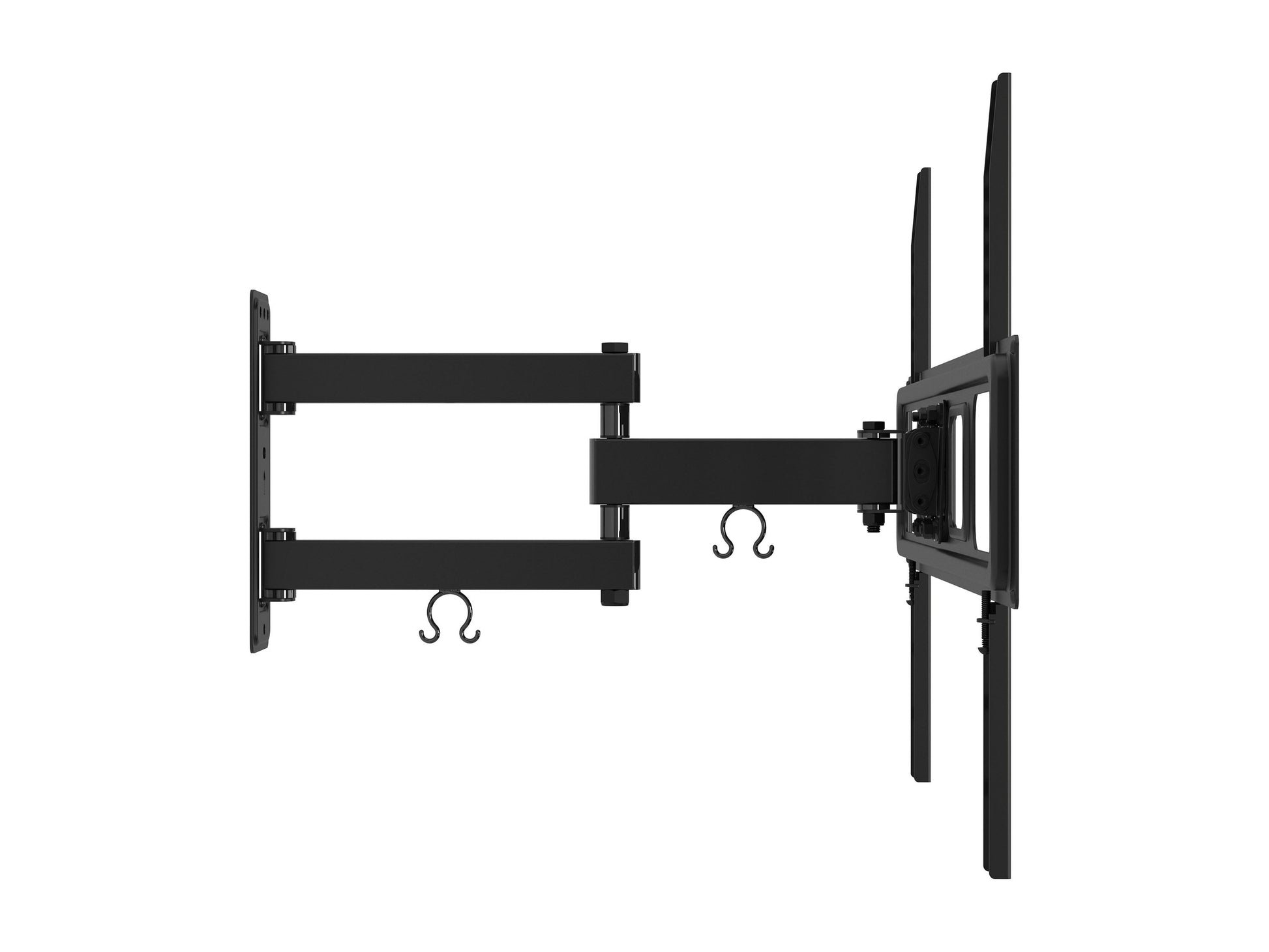 Full motion TV wall mount for up to 70-inch TVs, black metal with adjustable arms, tilts, swivels, and extends for optimal viewing angles, compatible with most flat-screen TVs, easy installation.