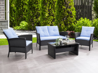 black and light blue Wicker Patio Set, 4pc Cascade Collection lifestyle scene by CorLiving#color_black-and-light-blue