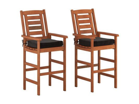 Set of 2 wooden patio bar stools with slatted backrests and sturdy metal frames, featuring a natural wood finish and weather-resistant design for outdoor use.