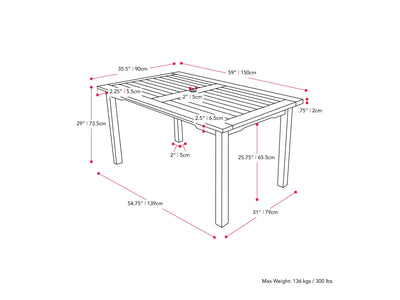 brown Outdoor Wood Dining Table Miramar Collection measurements diagram by CorLiving#color_miramar-brown