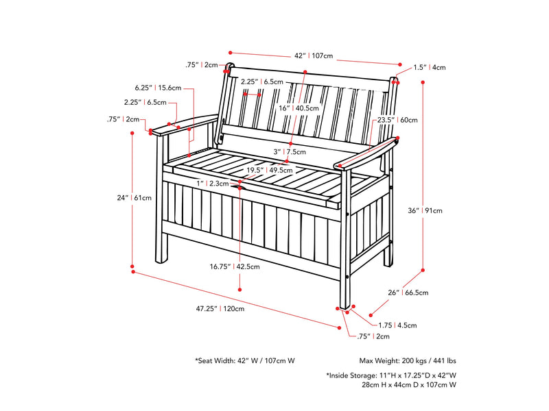 brown Wooden Storage Bench Miramar Collection measurements diagram by CorLiving