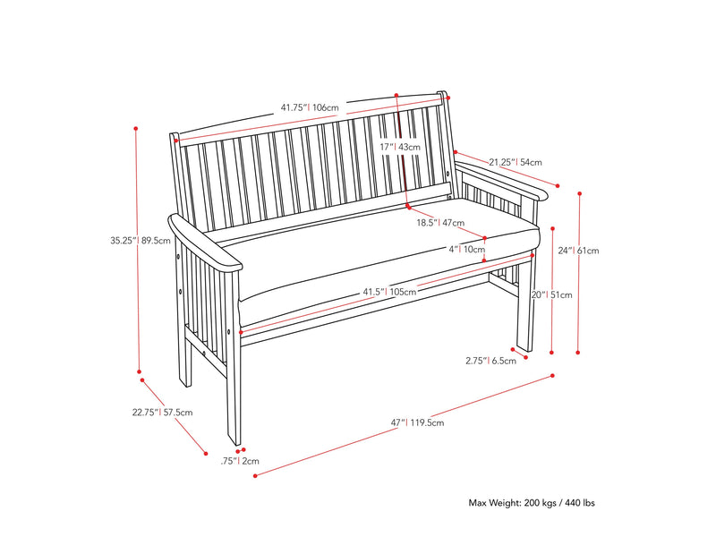brown Wood Bench with Back Miramar Collection measurements diagram by CorLiving