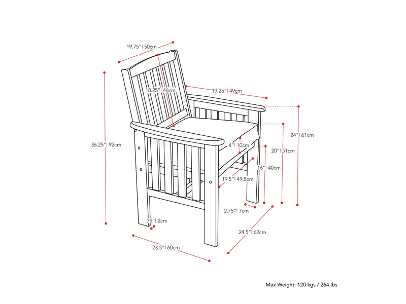 Miramar Brown Wooden Armchair, Set of 2 Miramar Collection measurements diagram by CorLiving