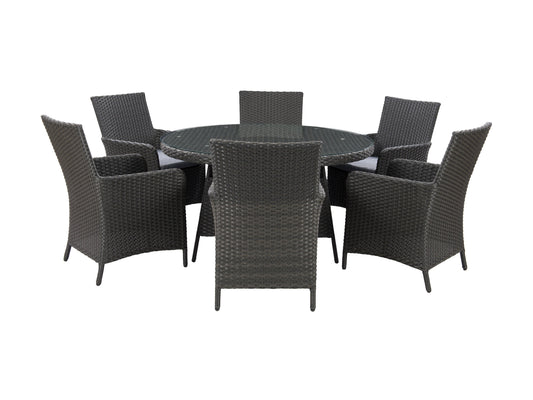 Weather-resistant 7-piece patio dining set with a rectangular table and six cushioned chairs, featuring a durable metal frame and neutral beige cushions, perfect for outdoor use in all seasons.