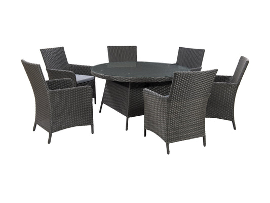 Weather-resistant 7-piece patio dining set with a rectangular table and six cushioned chairs, featuring a durable metal frame and neutral beige cushions, perfect for outdoor use in all seasons.