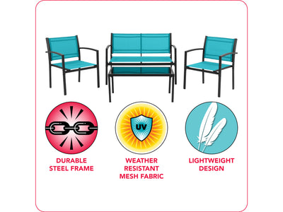 teal Metal Outdoor Conversation Set, 4pc Everett Collection infographic by CorLiving#color_teal