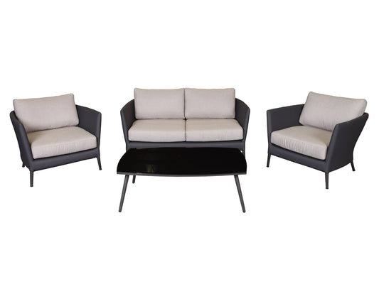 Black metal patio conversation set with beige cushions, featuring a loveseat, two armchairs, and a glass-top coffee table, perfect for outdoor seating and entertainment.