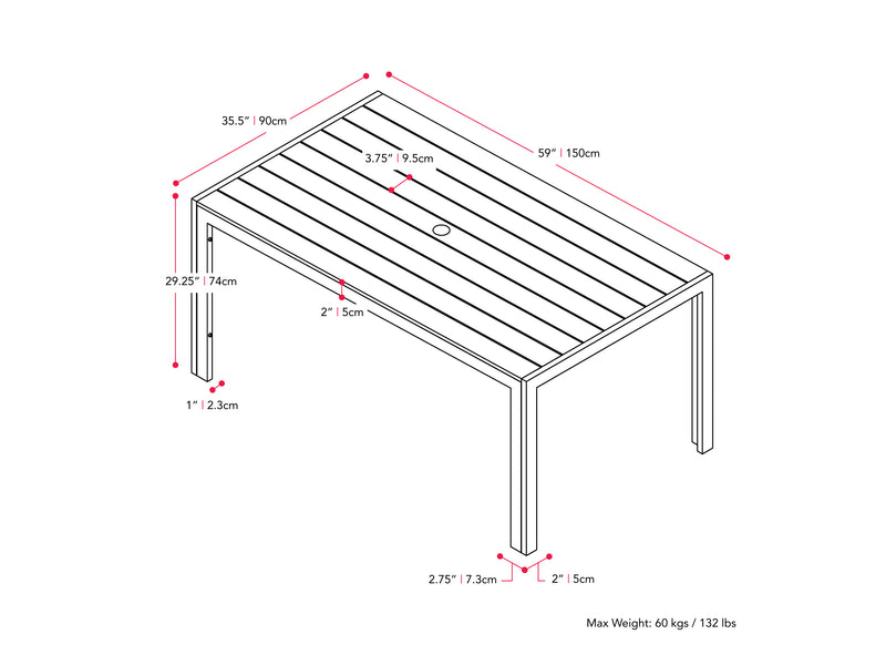 grey Rectangle Outdoor Dining Table Gallant Collection measurements diagram by CorLiving