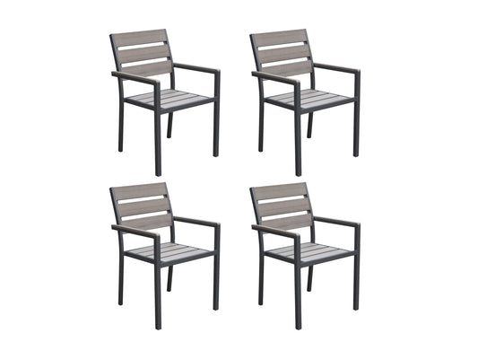 Set of 4 gray wicker patio dining chairs with cushioned seats, featuring durable aluminum frames and weather-resistant materials for outdoor use.