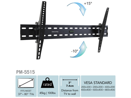 Tilting TV wall mount for 37" to 80" TVs, black steel construction, adjustable tilt for optimal viewing angles, secure and easy installation, fits most flat-screen TVs, space-saving design.