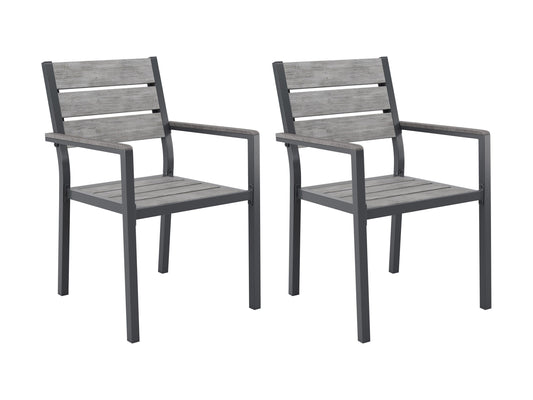 Set of 2 patio dining chairs with weather-resistant wicker, featuring beige cushions and a sturdy metal frame, perfect for outdoor dining.