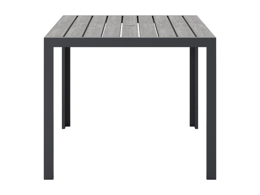 Square outdoor dining table with weather-resistant gray wicker frame, tempered glass top, and sturdy metal legs, perfect for patio or garden settings. Ideal for outdoor dining and entertaining.