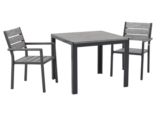 Alt Tag: 
"3-piece outdoor patio dining set with a rectangular wooden table and two matching benches, featuring a natural teak finish and weather-resistant cushions, ideal for garden or backyard use."