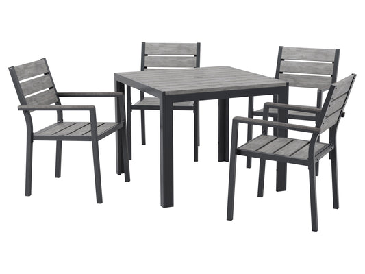 Modern outdoor dining set with a rectangular, glass-top table and four cushioned chairs in beige and brown wicker. Durable, weather-resistant materials perfect for patio or garden dining. Elegant and comfortable design.