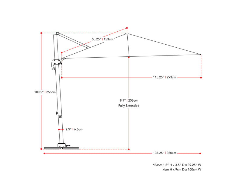 taupe offset patio umbrella, 360 degree 100 Series measurements diagram CorLiving