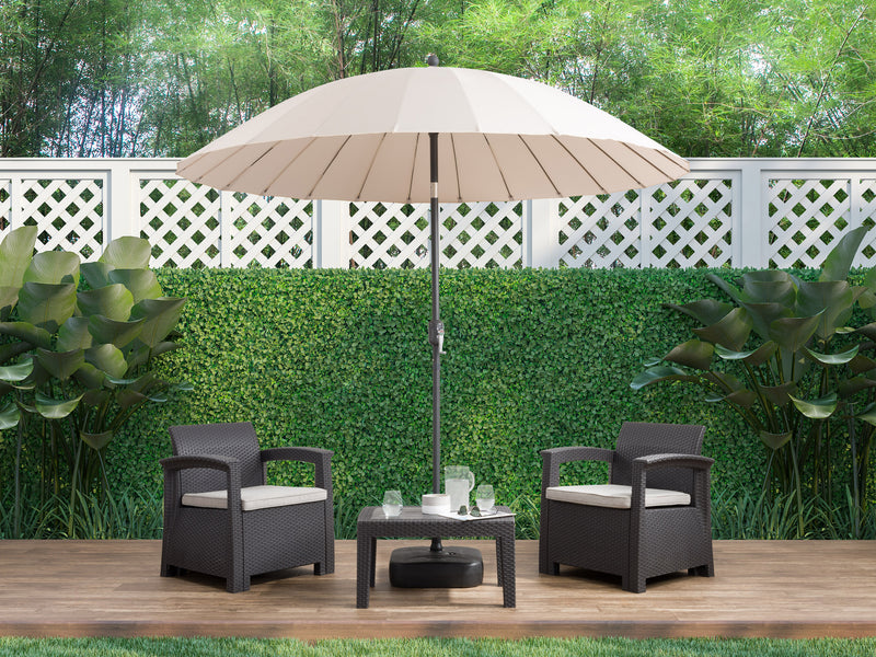 beige parasol umbrella, tilting Sun Shield lifestyle scene CorLiving